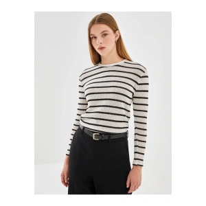 LCW Vision Ekru Çizgili Bisiklet Yaka Çizgili Kadın Kazak