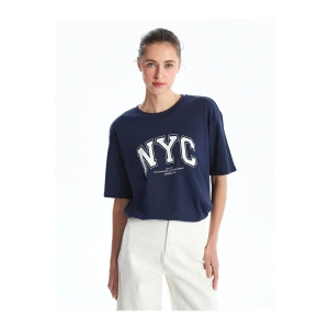 LCW Vision Lacivert Bisiklet Yaka Baskılı Kısa Kollu Oversize Kadın Tişört