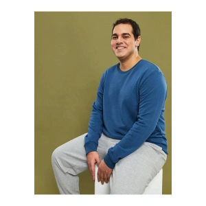 LCWAIKIKI Basic Indigo Büyük Beden Bisiklet Yaka Uzun Kollu Basic Erkek Sweatshirt