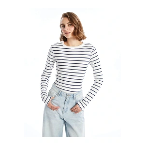 LCWAIKIKI Basic Lacivert Bisiklet Yaka Çizgili Kadın Body