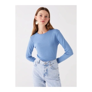 LCWAIKIKI Basic Mavi Bisiklet Yaka Düz Uzun Kollu Kadın Tişört