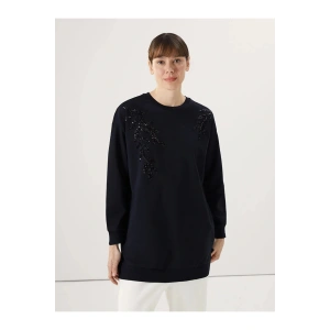 LCWAIKIKI Basic Siyah Bisiklet Yaka Pul İşlemeli Oversize Kadın Sweatshirt Tunik