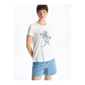 LCWAIKIKI Classic Ekru Bisiklet Yaka Çiçekli Kadın Tişört