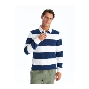 Lcwaikiki Classic İndigo Polo Yaka Uzun Kollu Çizgili Erkek Sweatshirt
