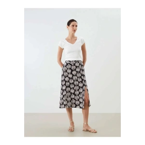 LCWAIKIKI Classic Siyah Beli Lastikli Desenli Yırtmaçlı Etek