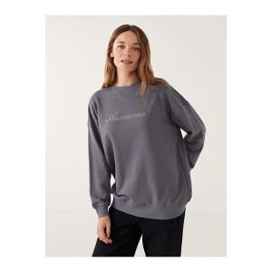 LCWK Bisiklet Yaka Taş Baskılı Oversize Kadın Sweatshirt Tunik