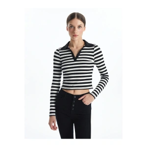 Lw - Polo Yaka Çizgili Uzun Kollu Kadın Tişört
