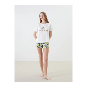 Mavi Bisiklet Yaka Çiçekli Kadın Şortlu Pijama Takımı