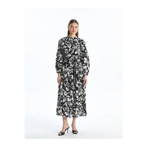 Modest Siyah Hakim Yaka Çiçekli Kadın Elbise