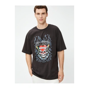 Oversize Tişört Kuru Kafa Baskılı Bisiklet Yaka Pamuklu