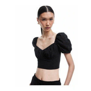 Pamuklu Kare Yaka Kısa Balon Kol Crop Bluz