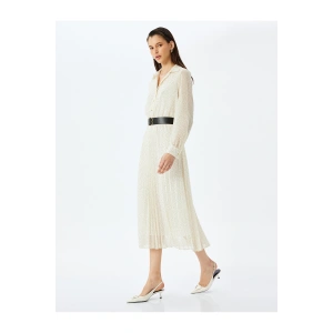 Pileli Uzun Kollu Puantiyeli Midi Gömlek Elbise