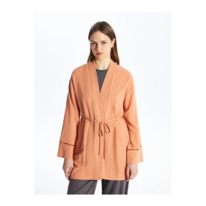 Şal Yaka Düz Uzun Kollu Keten Karışımlı Oversize Kadın Kimono