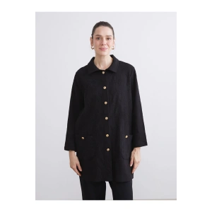 Siyah Gömlek Yaka Desenli Kadın Hırka