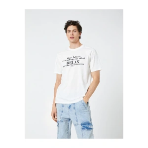 Slogan Baskılı Tişört Bisiklet Yaka Kısa Kollu Pamuklu