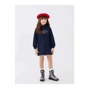 SOUTHBLUE Lacivert Kapüşonlu Nakışlı Uzun Kollu Kız Çocuk Elbise