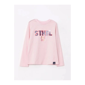 SOUTHBLUE Pembe Bisiklet Yaka Pul İşlemeli Uzun Kollu Pamuklu Kız Çocuk Tişört