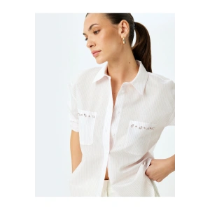 Taş İşlemeli Cepli Kısa Kollu Çizgili Oversize Gömlek