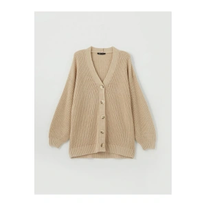 V Yaka Kendinden Desenli Uzun Kollu Kadın Triko Hırka