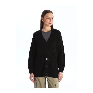 V Yaka Kendinden Desenli Uzun Kollu Kadın Triko Hırka