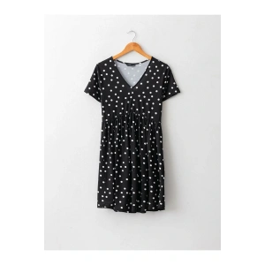 V Yaka Puantiyeli Kısa Kollu Viskon Kadın Elbise