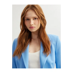 Viskon Keten Karışımlı Düğmeli Uzun Kollu Cepli Kruvaze Blazer Ceket