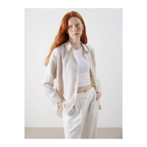 XSIDE Bej Çizgili Oversize Keten Karışımlı Kadın Gömlek