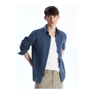 XSIDE Indigo Regular Fit Uzun Kollu Keten Karışımlı Erkek Gömlek
