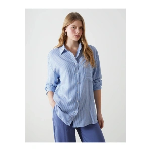 XSIDE Mavi Çizgili Keten Karışımlı Oversize Kadın Gömlek