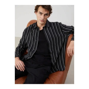 XSIDE Siyah Regular Fit Uzun Kollu Çizgili Erkek Gömlek