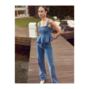 Yeni Sezon Koton X Sima Tarkan - Kalın Askılı Pileli Kare Yaka Dar Kalıp Volanlı Denim