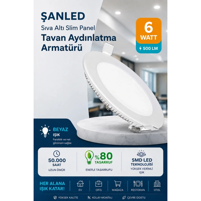 6w Tasarruflu Led Yuvarlak Beyaz Işık Sıva Altı Slim Panel Tavan Aydınlatma Armatürü-1 Adettir