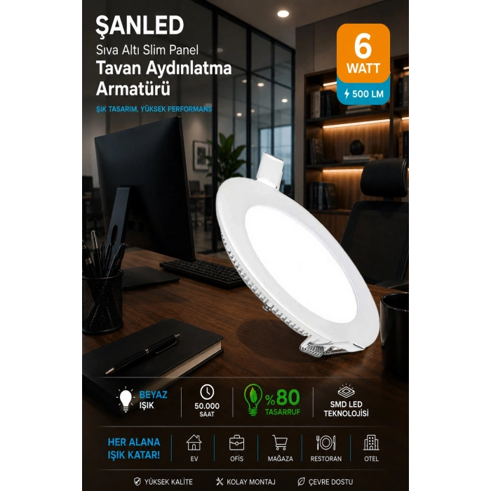 6w Tasarruflu Led Yuvarlak Beyaz Işık Sıva Altı Slim Panel Tavan Aydınlatma Armatürü-1 Adettir