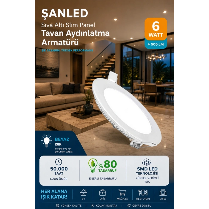 6w Tasarruflu Led Yuvarlak Beyaz Işık Sıva Altı Slim Panel Tavan Aydınlatma Armatürü-1 Adettir