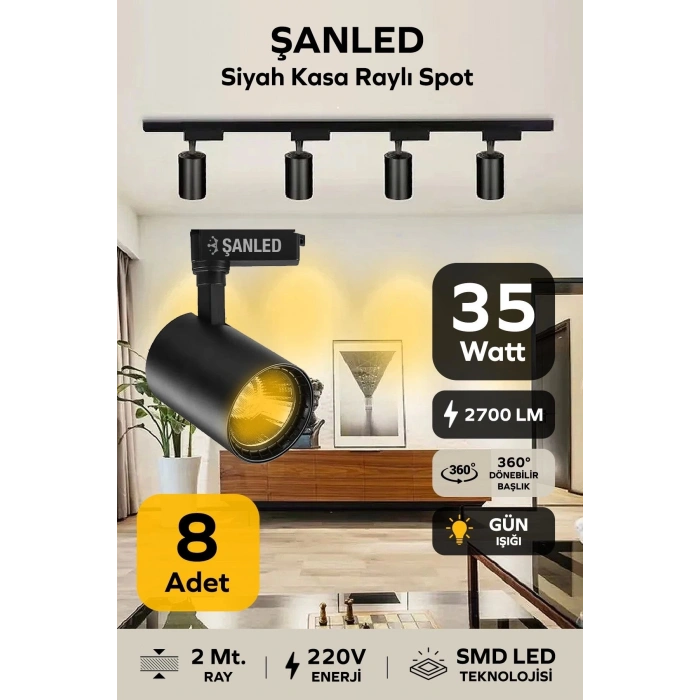 Led Siyah Kasa Gün Işığı 35w Raylı Spot 8 Adet 2 M Ray