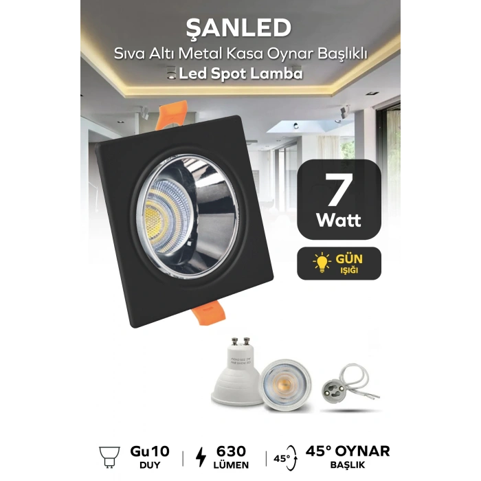 7w Sıva Altı Oynar Başlık Gu10 Kare Siyah Kasa Gün Işığı Led Spot Lamba-1 Adet