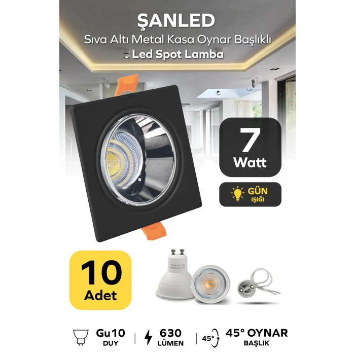 7w Sıva Altı Oynar Başlık Gu10 Kare Siyah Kasa Gün Işığı Led Spot Lamba -10 Adet