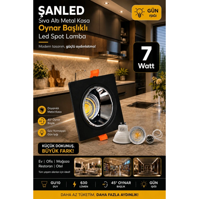 7w Sıva Altı Oynar Başlık Gu10 Kare Siyah Kasa Gün Işığı Led Spot Lamba -10 Adet