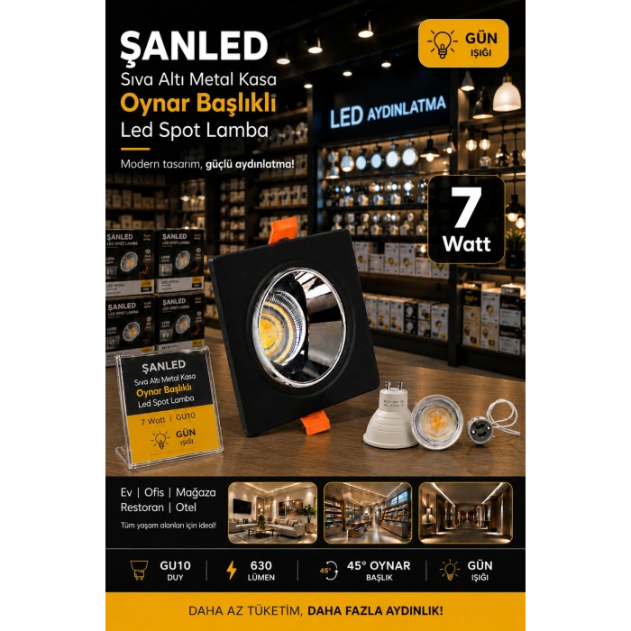 7w Sıva Altı Oynar Başlık Gu10 Kare Siyah Kasa Gün Işığı Led Spot Lamba-20 Adet