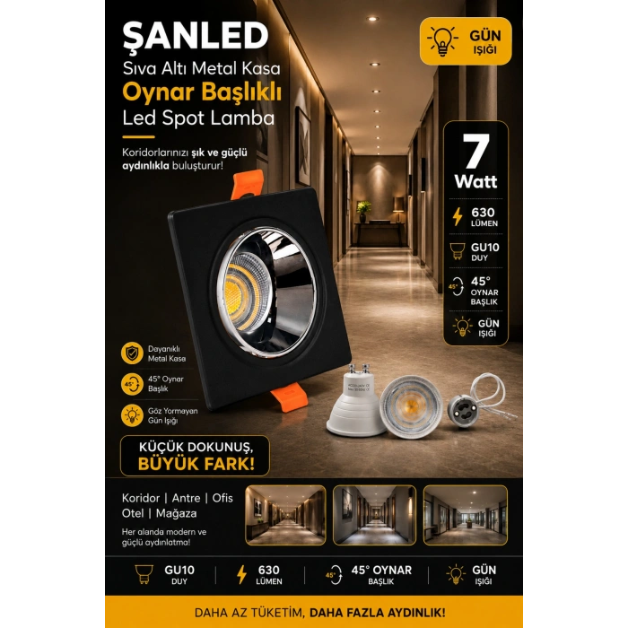 7w Sıva Altı Oynar Başlık Gu10 Kare Siyah Kasa Gün Işığı Led Spot Lamba-20 Adet