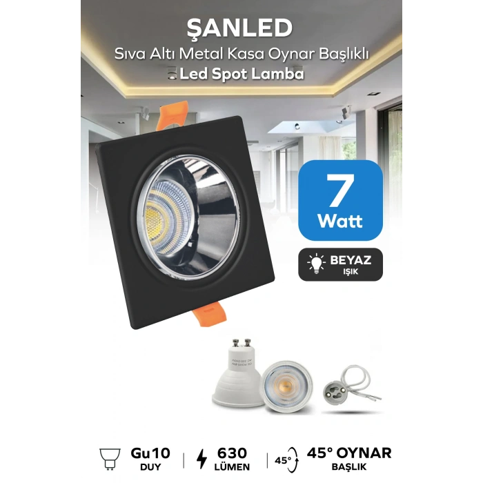 6w Sıva Altı Oynar Başlık Gu10 Kare Siyah Kasa Beyaz Işık Led Spot Lamba-1 Adet