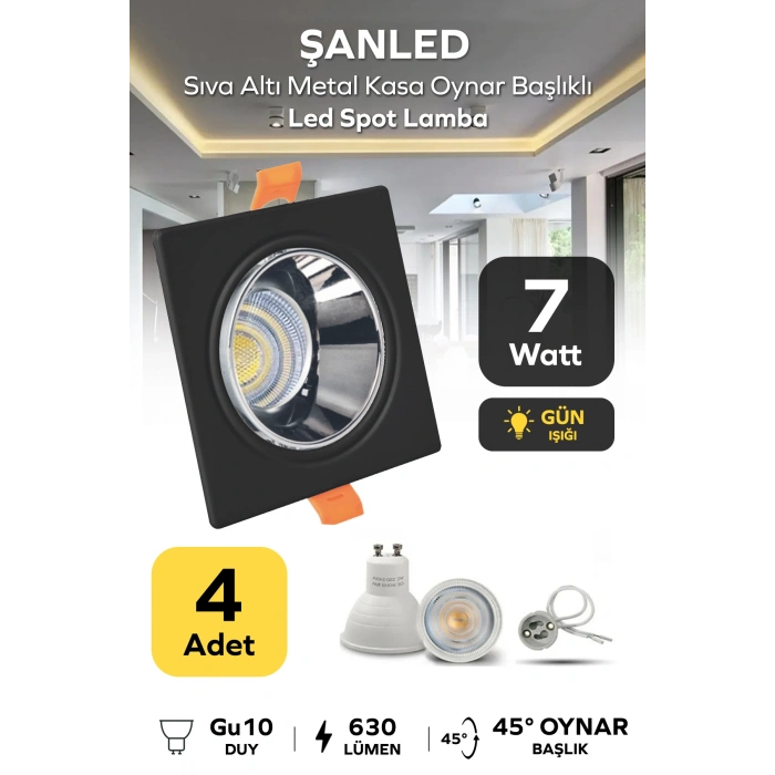 7w Sıva Altı Oynar Başlık Gu10 Kare Siyah Kasa Gün Işığı Led Spot Lamba-4 Adet