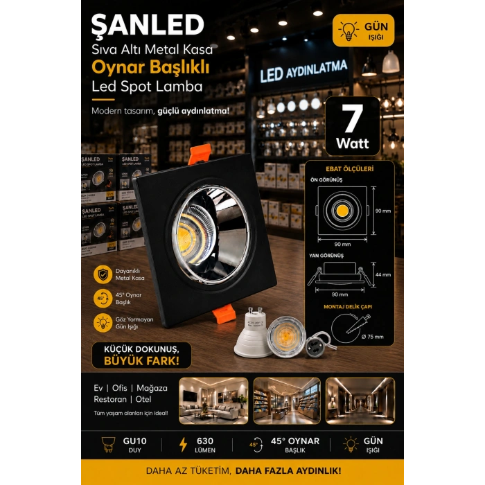 7w Sıva Altı Oynar Başlık Gu10 Kare Siyah Kasa Gün Işığı Led Spot Lamba-4 Adet