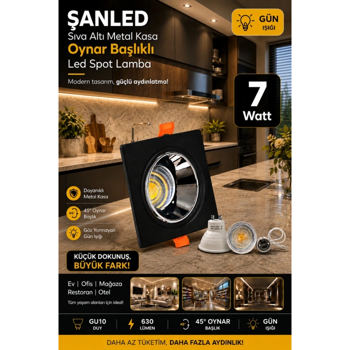 7w Sıva Altı Oynar Başlık Gu10 Kare Siyah Kasa Gün Işığı Led Spot Lamba-6 Adet
