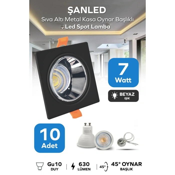 7w Sıva Altı Oynar Başlık Gu10 Kare Siyah Kasa Beyaz Işık Led Spot Lamba-10 Adet