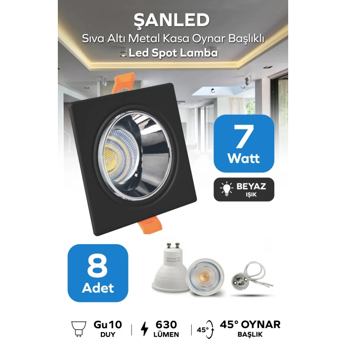 7w Sıva Altı Oynar Başlık Gu10 Kare Siyah Kasa Beyaz Işık Led Spot Lamba-8 Adet