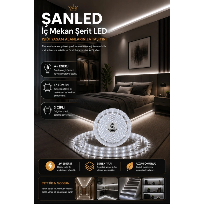 3 Çipli Iç Mekan Şerit Led Tüm Mekanlar-(trafosuz) 5,10,20,30,40,50,100m