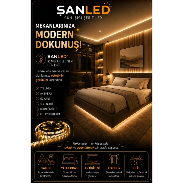 3 Çipli Iç Mekan Şerit Led Tüm Mekanlar-(trafosuz) 5,10,20,30,40,50,100m