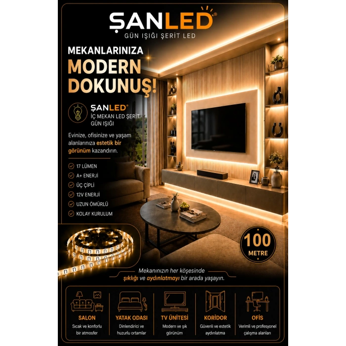 3 Çipli Iç Mekan Şerit Led Tüm Mekanlar-(trafosuz) 5,10,20,30,40,50,100m