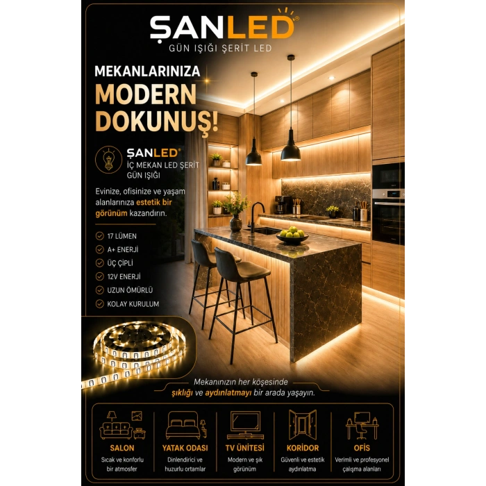 3 Çipli Iç Mekan Şerit Led Tüm Mekanlar-(trafosuz) 5,10,20,30,40,50,100m